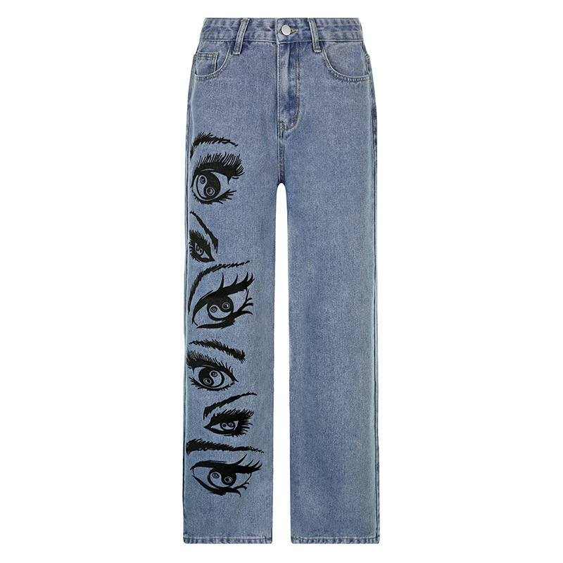 Title 5, Jeans blu da donna con stampa occhi di personal...