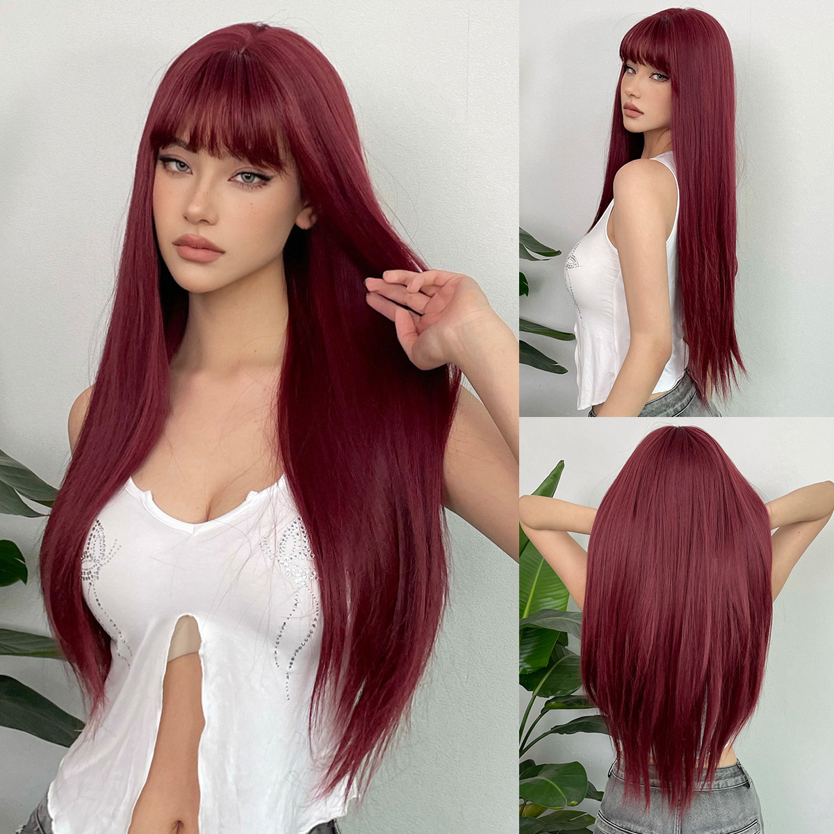 Title 6, Red Bangs Long Straight Hair Wig Festival High ...