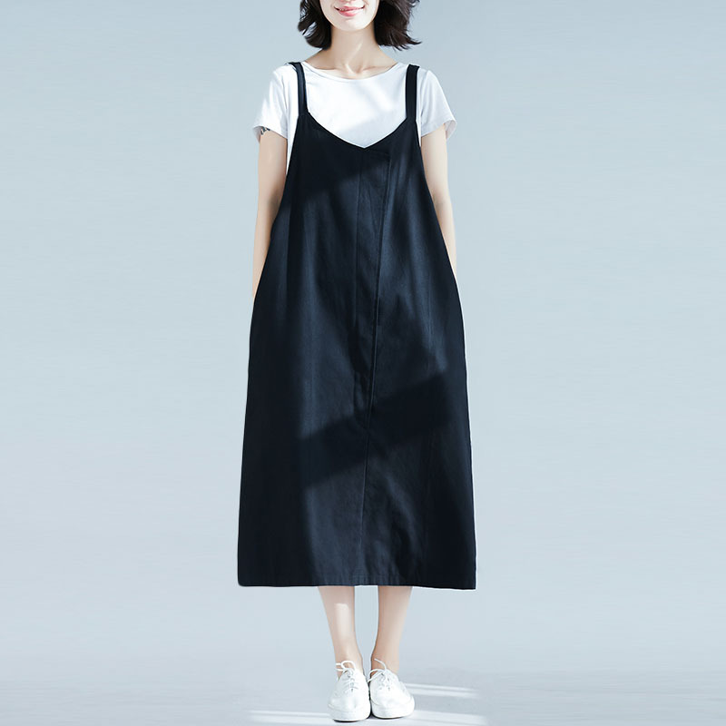 Literary Loose Stitching Solid Color Cotton And Linen Strap Dress