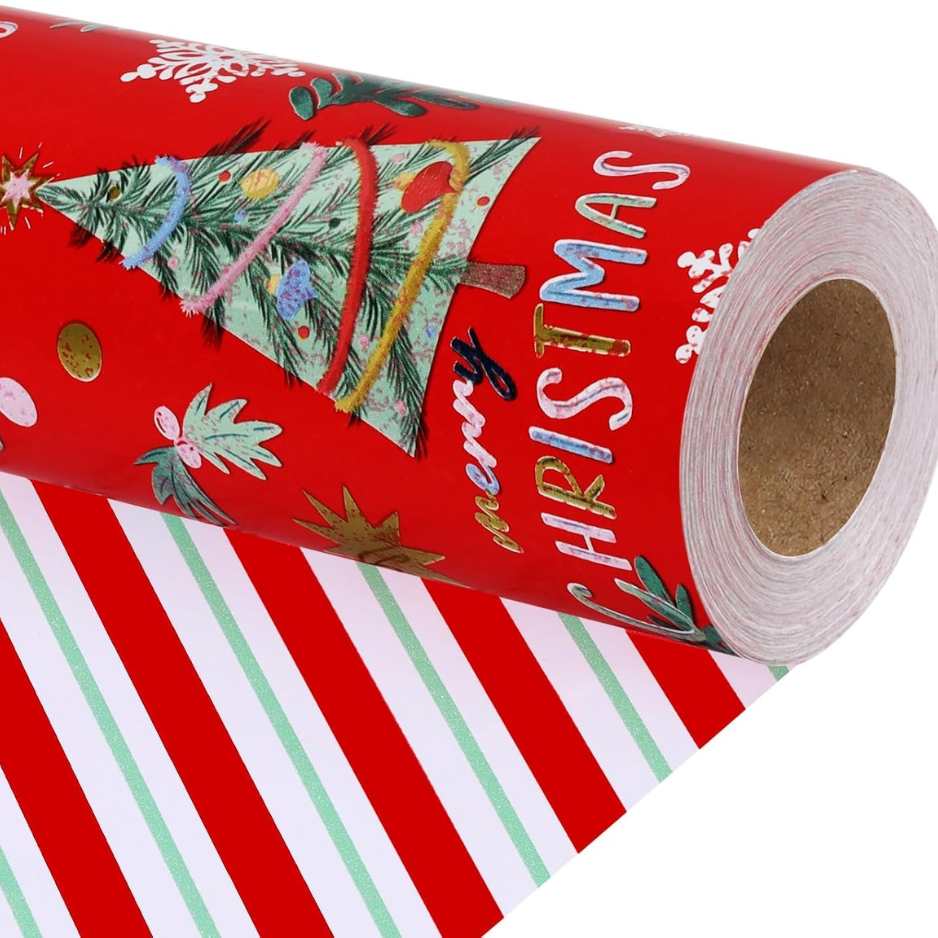 Red Christmas Wrapping Paper, Classic Tree & Candy Cane Striped