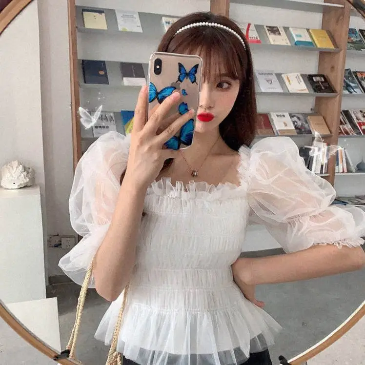 One-shoulder Chiffon Shirt Puff Sleeve Short Top Women Women - White