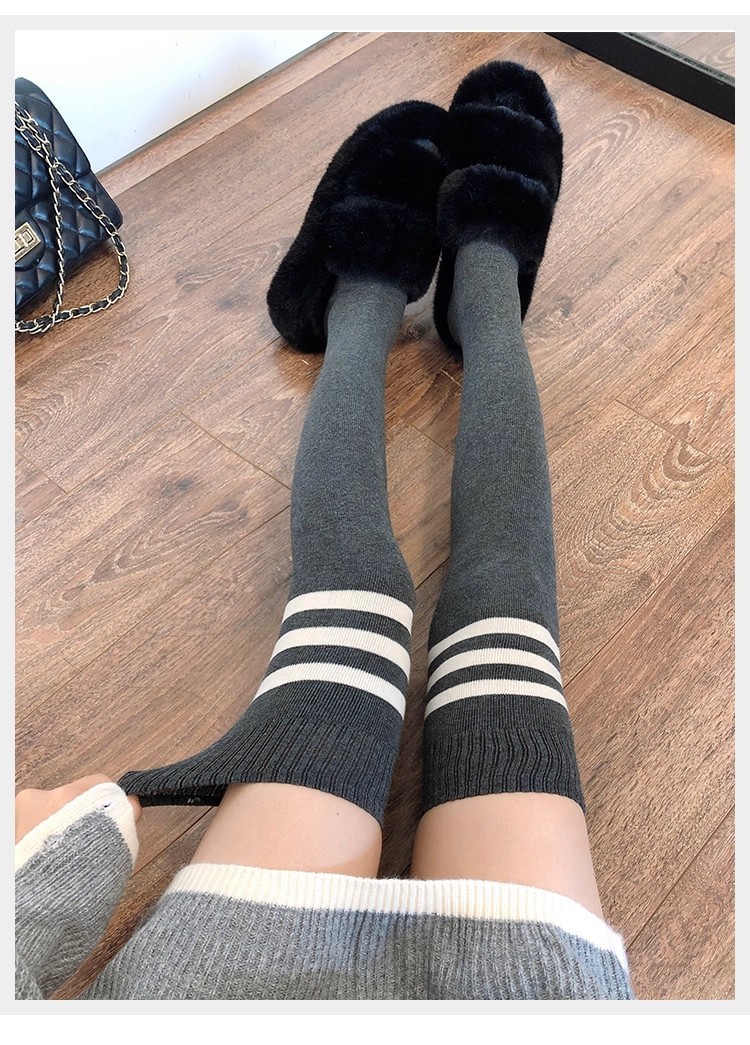 Slimming Thin Thigh-High Socks for Spring & Autumn, Grey JK Striped