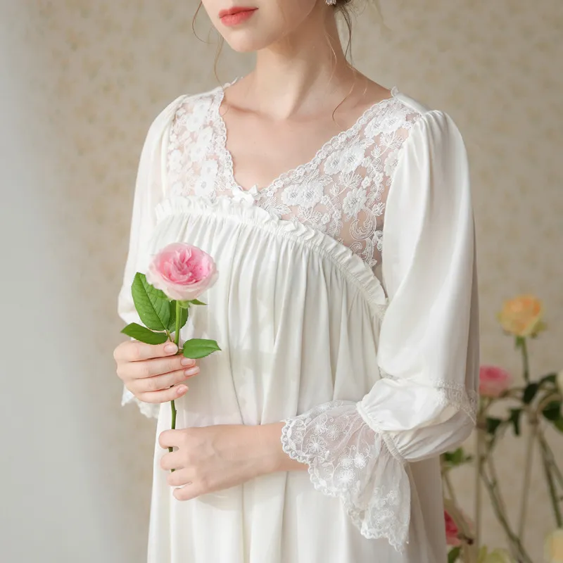 Spring And Autumn Cotton Solid Color Thin Long Skirt Girls' Pajamas - White