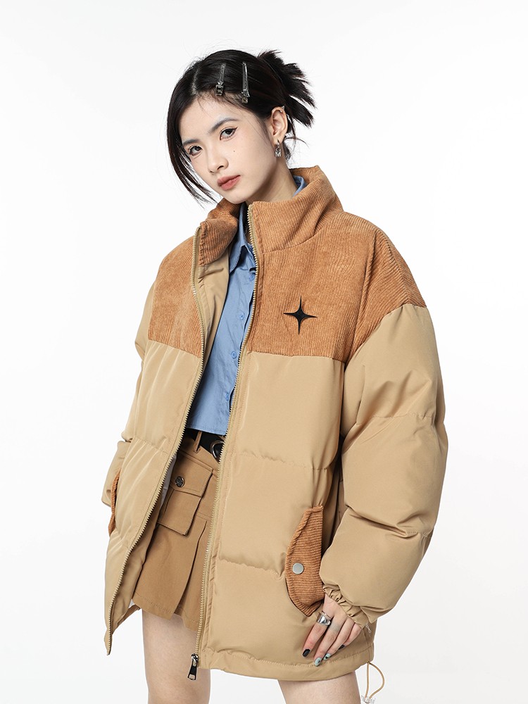 Women's Retro Stand Collar Corduroy Padded Jacket Khaki - Shop at LoveMi