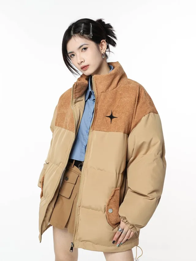Women's Retro Stand Collar Corduroy Padded Jacket Tan - Shop at LoveMi