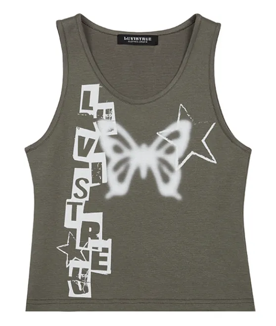 Butterfly Alphabet Print Cropped Tank Top Carbon - Shop at LoveMi