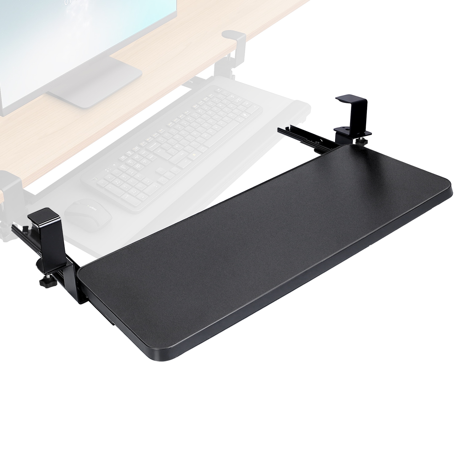 1Pc 25.59x9.64x0.51in Keyboard Mouse Tray Under Desk Retractable Slide Out Drawer Height Adjustable With C Clamp 55LBS Load