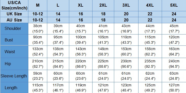 Plus size irregular hem dress size chart