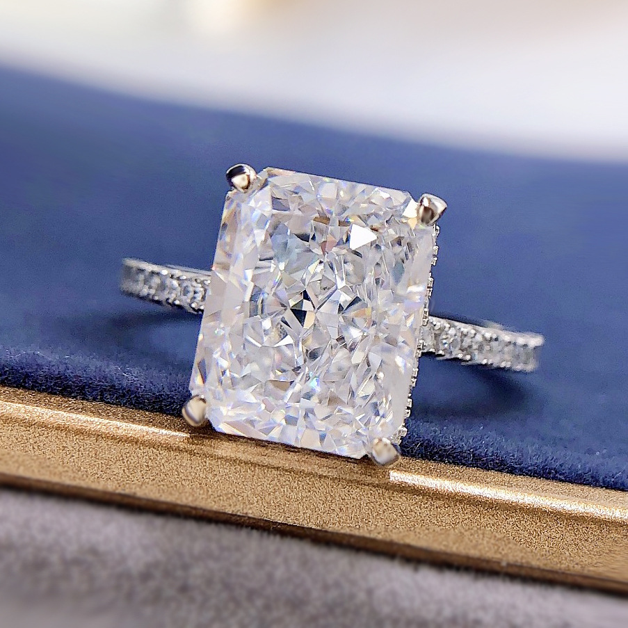 Silver High Carbon Diamond 8X10mm Radiant Cut Ring Women