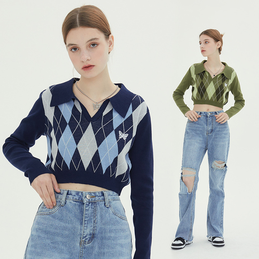 Retro Cropped Lapel Diamond Butterfly Knit Sweater