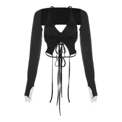 French Style Sexy Hollow Drawstring Halter Neck - Black - View 1