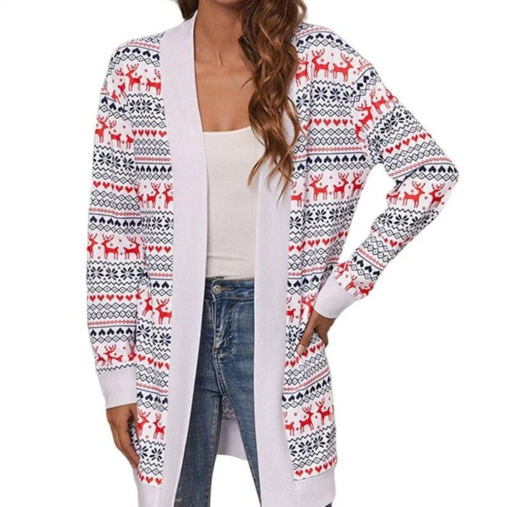 Women's Christmas Print Contrast Design Long Sleeve Cardigan - White