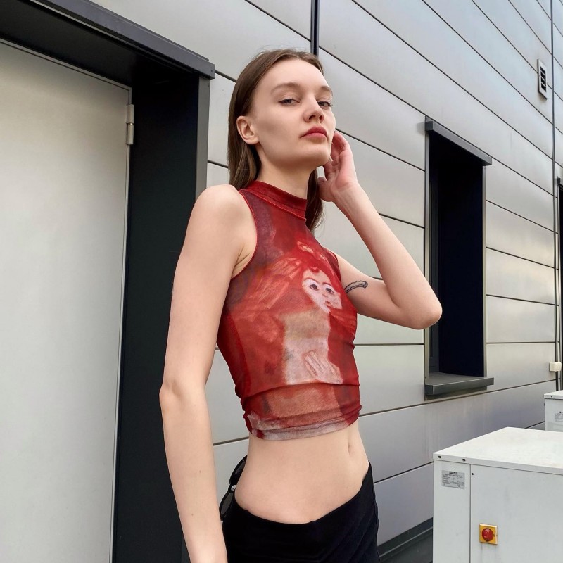 Sleeveless Round Neck Printed Short Cropped Cropped Women's Vest