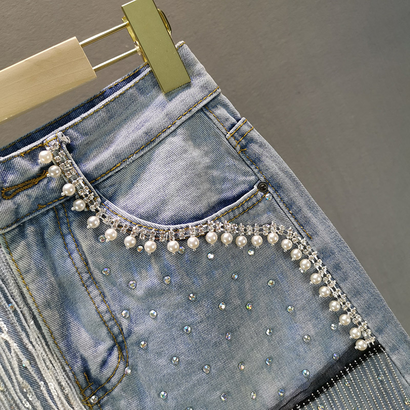 Title 2, Saia A-line de cintura alta jeans com strass, f...