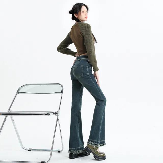 Ragged Flared Pants Versatile Casual Pants Retro Blue Trousers - Shop at LoveMi