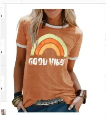 Women's Printed Round Neck Short Sleeve T shirt Orange - Shop at LoveMi