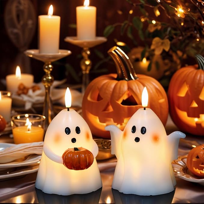Halloween Ghost Flameless Candle With Timer And Hand-Painted Pumpkin Design 4