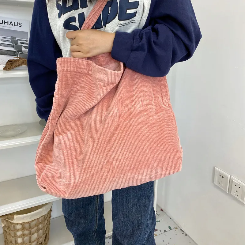 Washed Corduroy Handbag Simple Retro One Shoulder Women's Bag - Pink