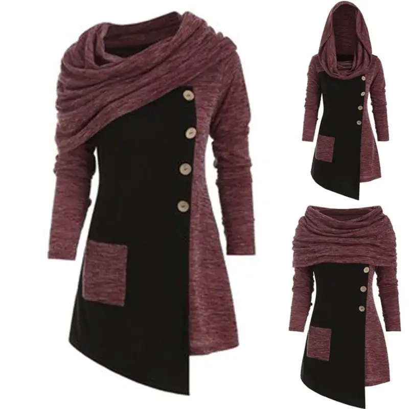 Women's Stitching Button Decoration Piled Collar Hood