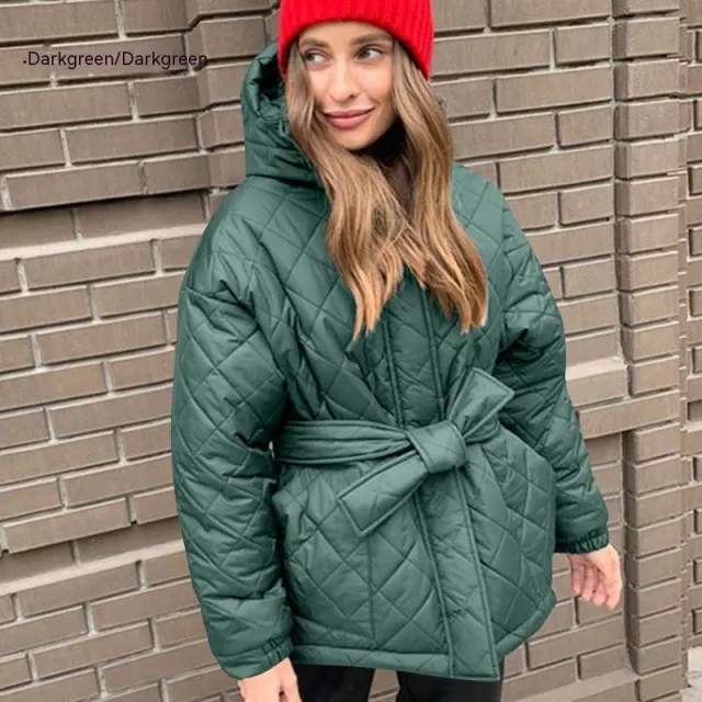Hooded Cotton Jacket Slim fit Lace Up Lapel Long Sleeve Plaid Long Dark Green - Shop at LoveMi