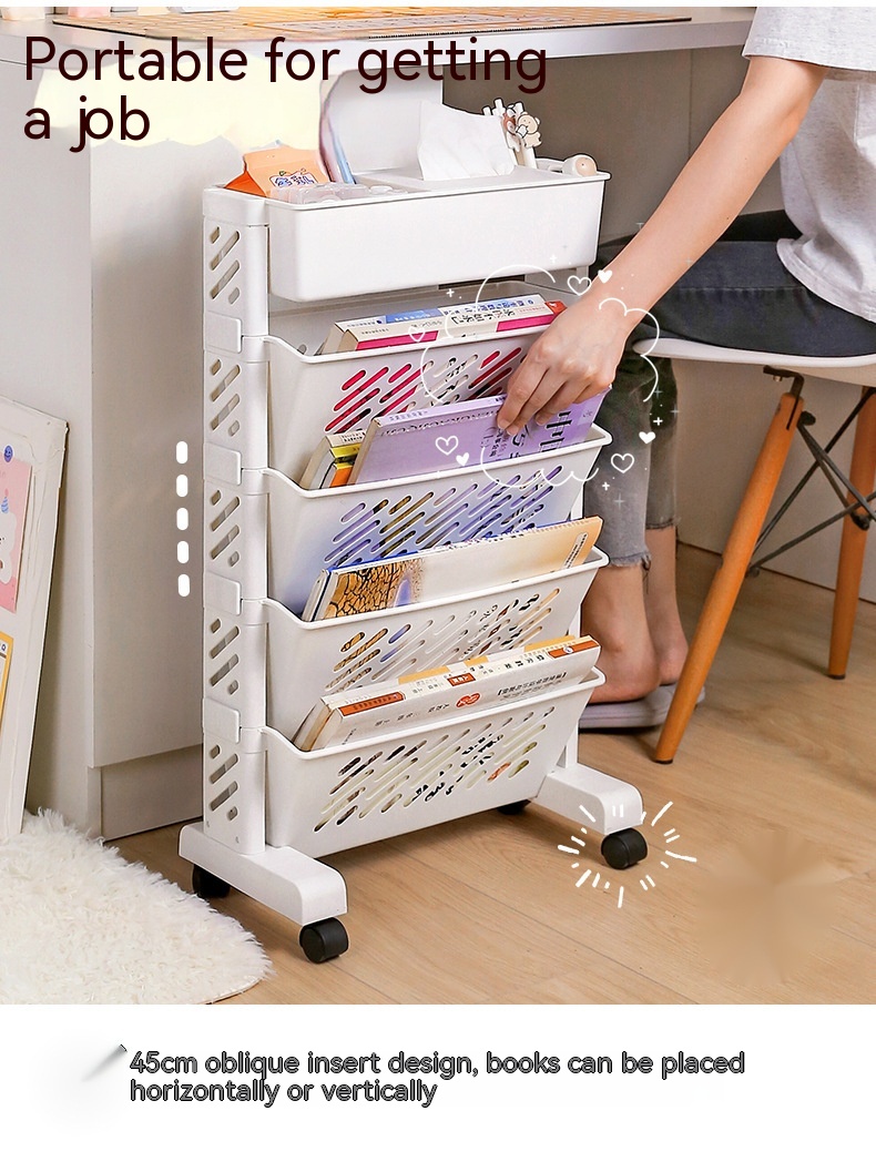 Floor Bookshelf Organizer with Wheels | Portable Bookcase