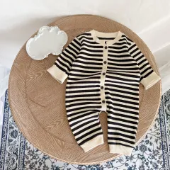 Color Block Striped Fart Romper Newborn Bodysuit - Black - View 1