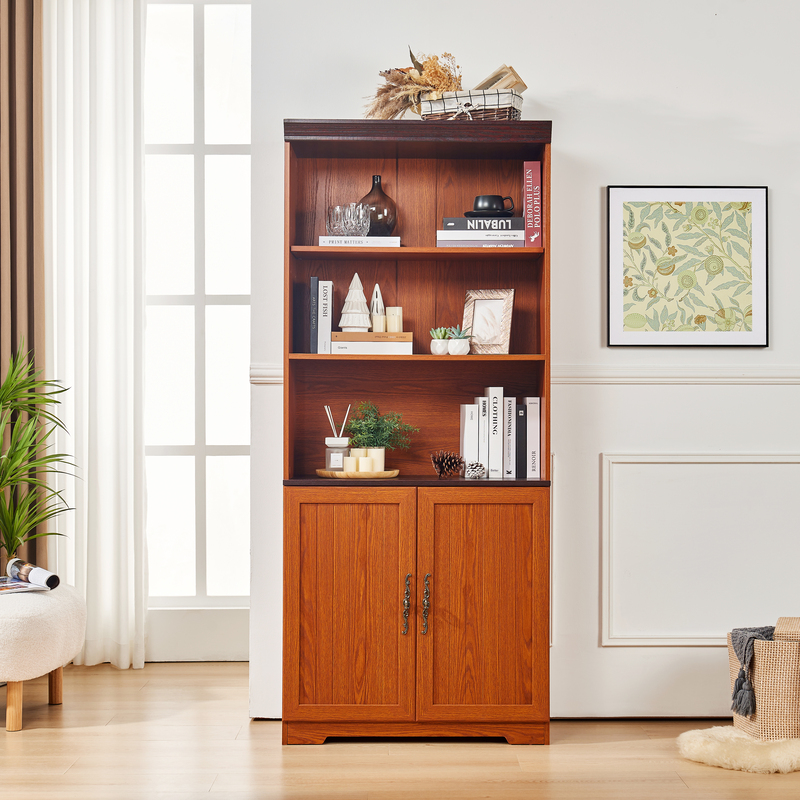 70.86in Tall Storage Cabinet, 5-Tier Cube Display W Adjustable Shelves & Barn Doors, MDF Freestanding Bookshelf For Bedroom Living Room Kitchen Pantry Bar