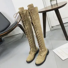 Lace-up Over-the-knee Flat Boots Women's Shoes - Khaki - View 1