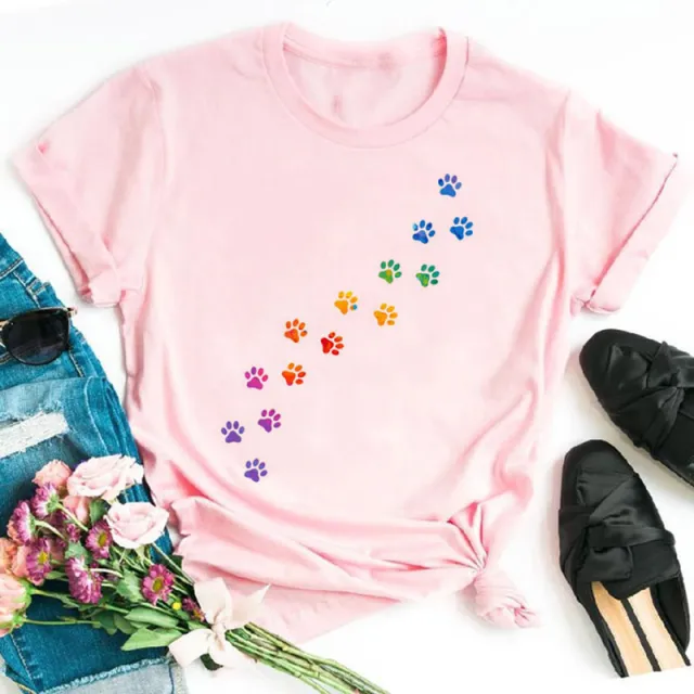 Cat Paw Paw Casual Pattern Casual Short Sleeves New Pink - Shop at LoveMi