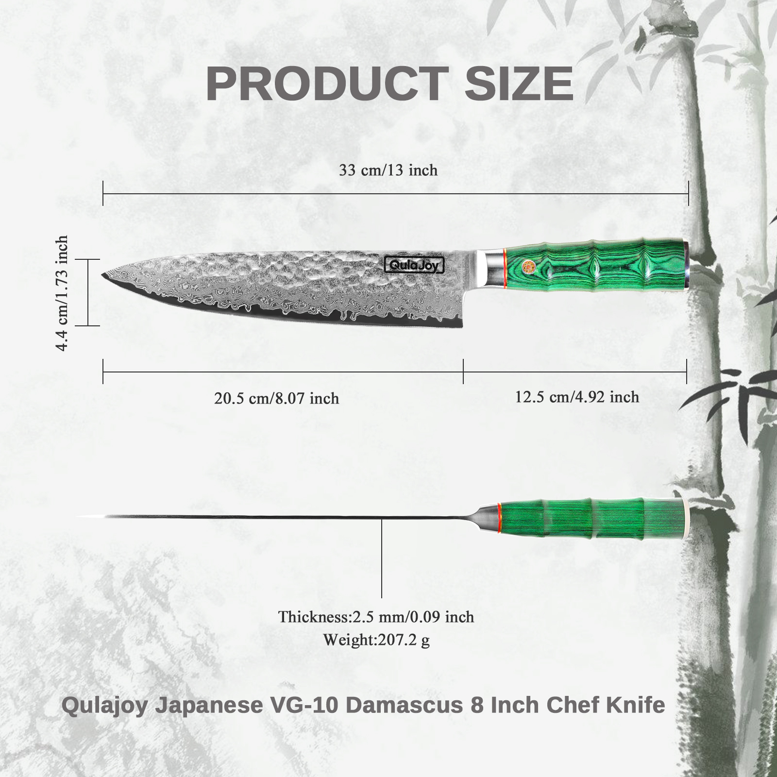 Qulajoy 8 Inch Japanese Chef Knife, 67 Layers Damascus VG-10 Steel Core, Professional Hammered Kitchen Knife, Handcrafted With Ergonomic Bamboo Shape Handle