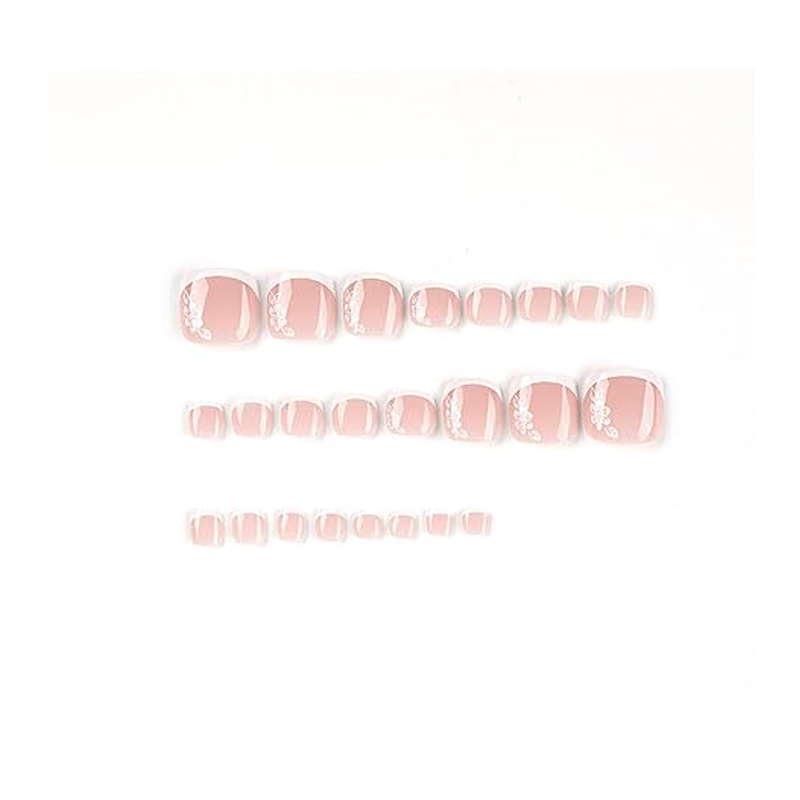 24PCS White Flowers Press On Toenails, French Tip Short Square Fake Toe Nails Full Cover ,Glue On Toenails Floral Designs False Toe Nails For Women Stick On Toenails