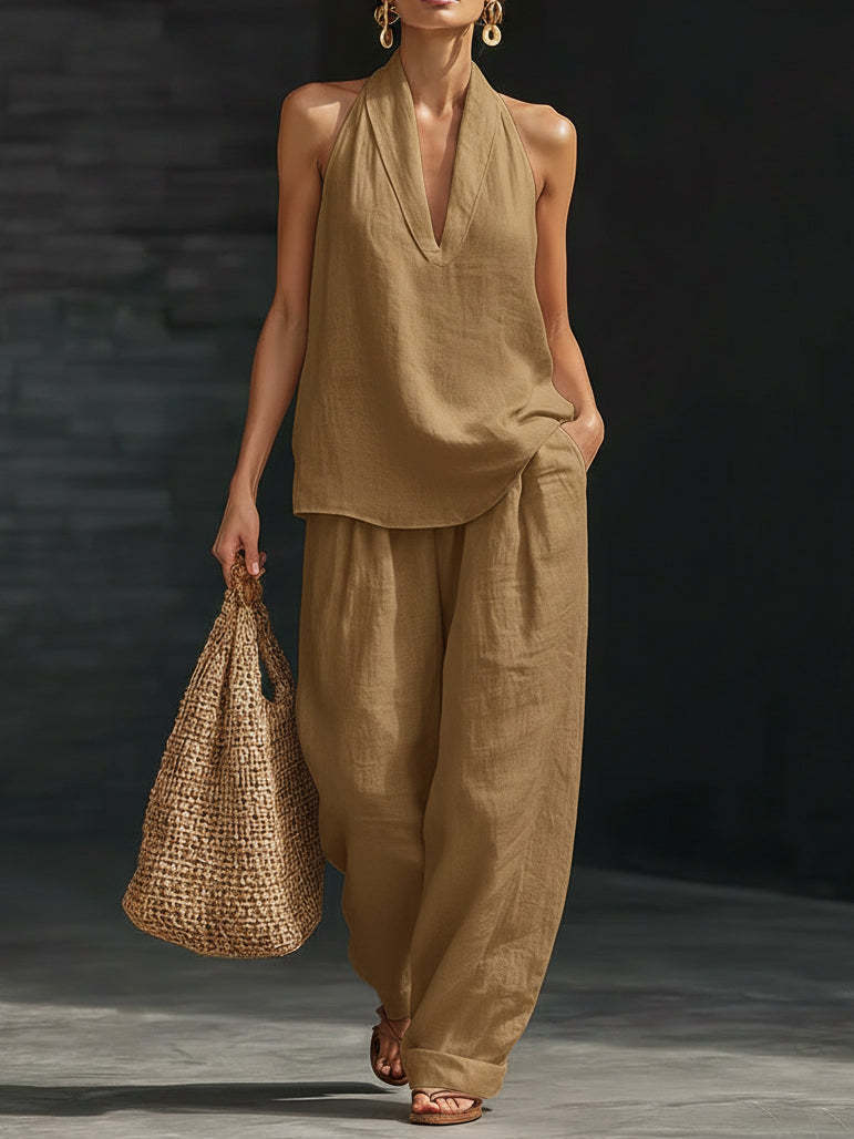 Solid Color Halter V-Neck Sleeveless Top & Elastic Waist Wide Leg Pants Two-Piece Set