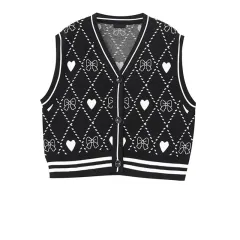 Women's Loose Layered Diamond Knitted Vest - Black - View 1