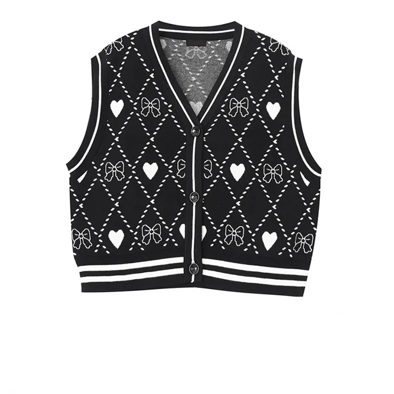 Women's Loose Layered Diamond Knitted Vest - Black