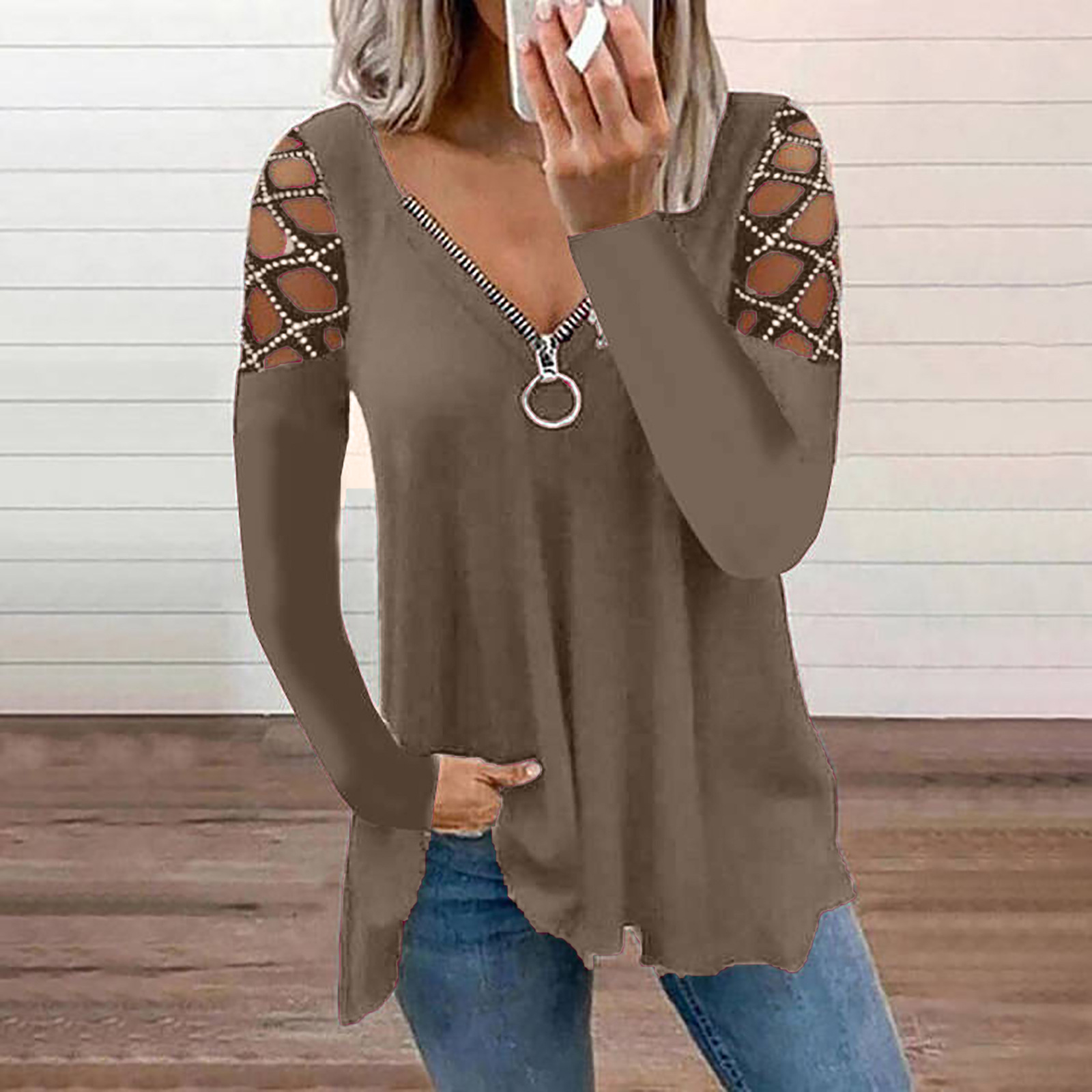 Autumn And Winter New Fashion V-neck Solid Color Hollow Sleeve Rhinestone Casual Top Women's T