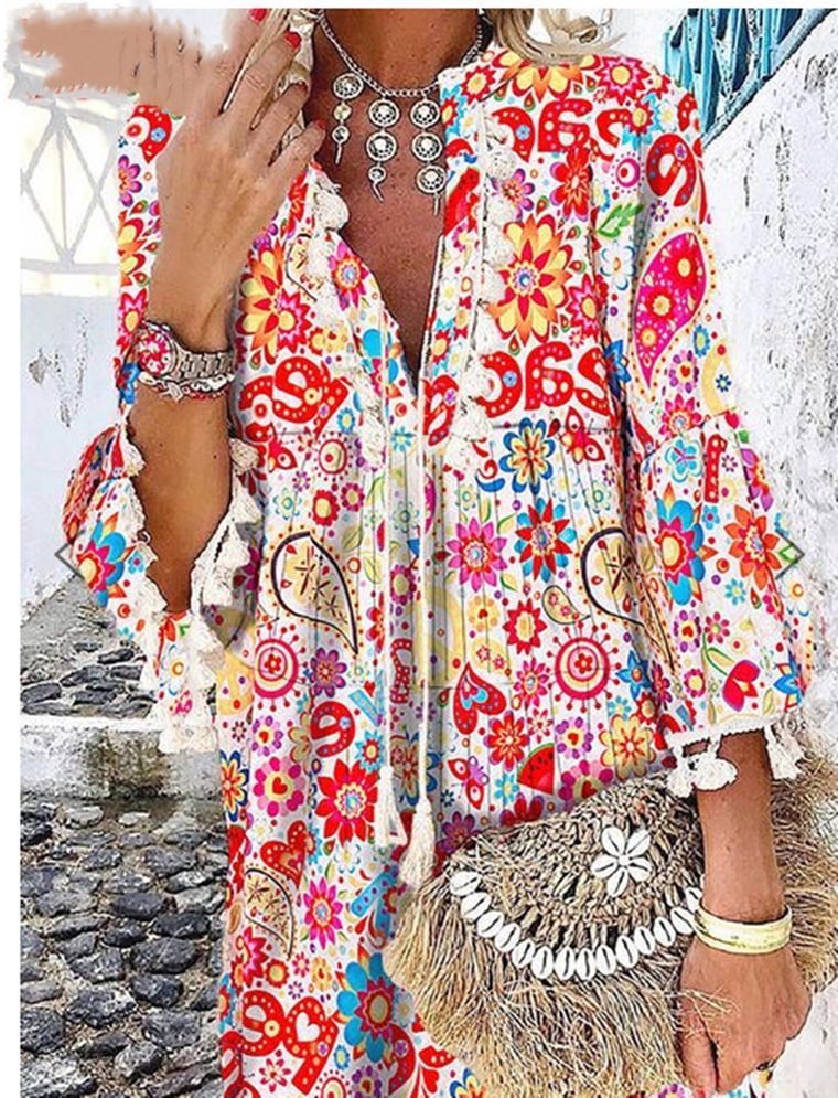 Printed V-Neck Pullover Fringed Lotus Sleeve Dress