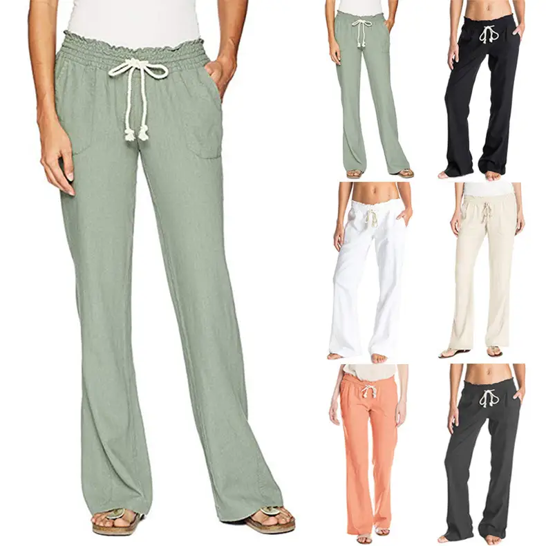 Cotton And Linen Women's Lace-up Loose Casual Wide-leg Trousers