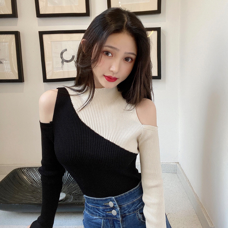 Stitching Thin Knit Bottoming Shirt With Top