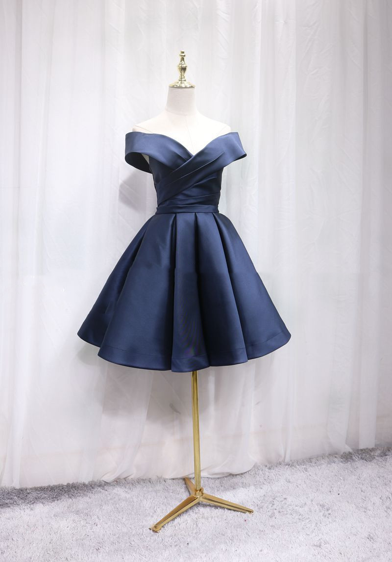 Title 6, Fashionable Elegant Satin Off-shoulder Blue Eve...