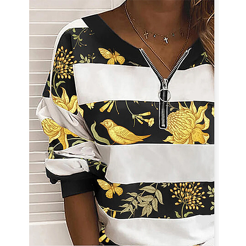Striped Printed Long-sleeved Zipper Loose Casual Sweater