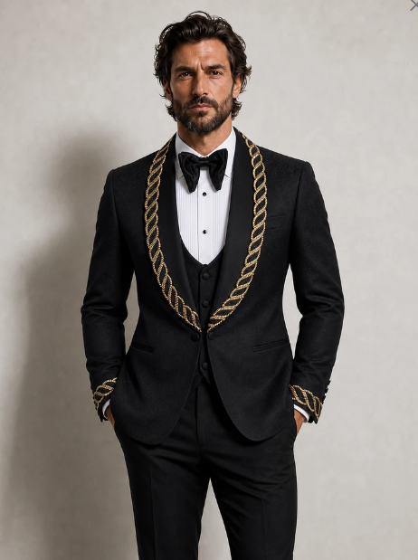 Luxury Gold Cord Embellished Shawl Collar Formal Blazer Jacket