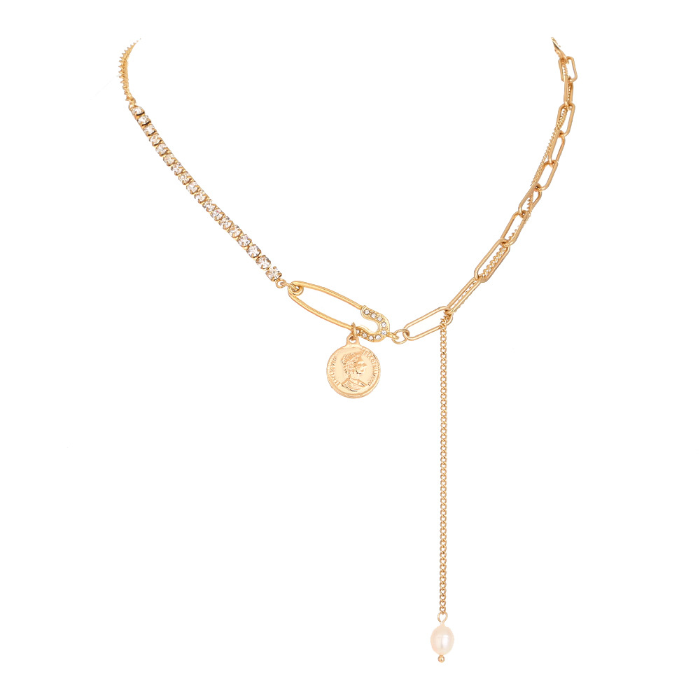 Diamond And Pearl Design Stitching Necklace