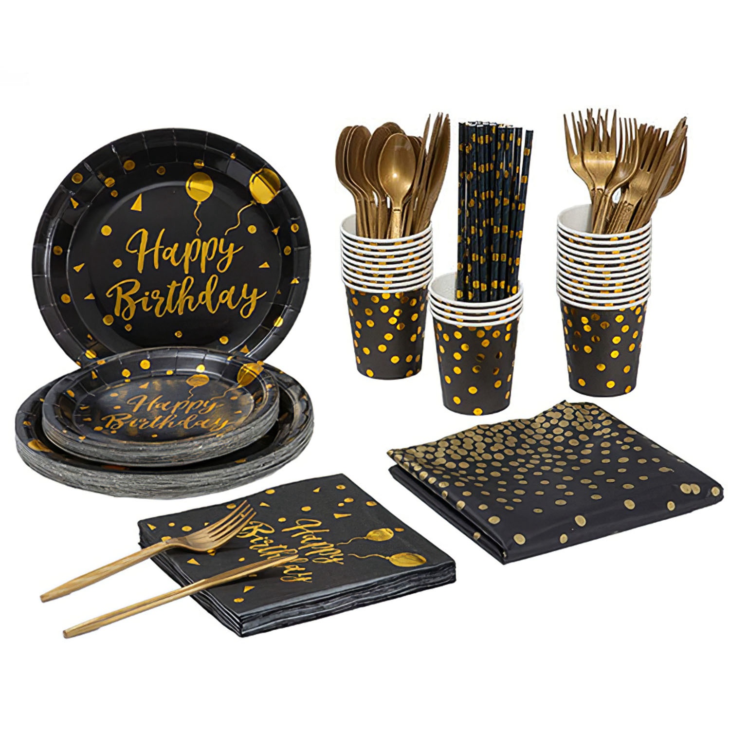201PCS Black Gold Birthday Party Supplies For 25 Guests Happy Birthday Disposabl