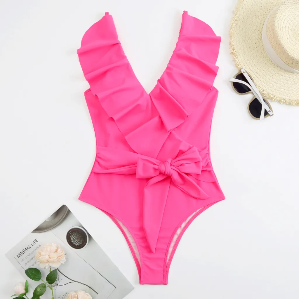 Swimsuit Lace Up Ladies One Piece Bikini - Rose