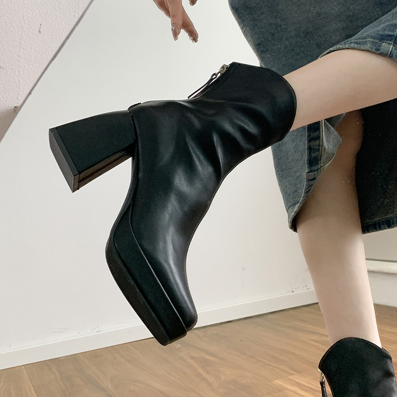 Title 3, High Heel Back Zip Ankle Boots Chunky Heel Squa...