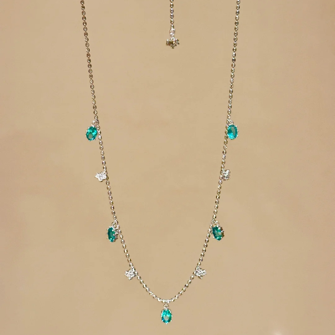 Light Luxury Elegant Clavicle Necklace For Women, Island Story Style Lake Blue & Paraiba Tone Green Simulated Crystal Pendant, Heart Rhinestone Tassel Neck Jewelry