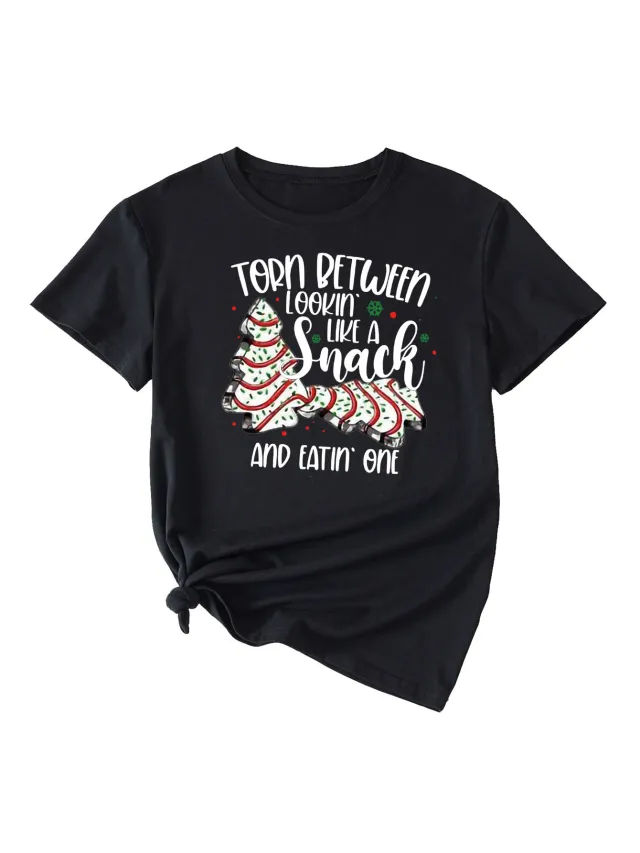 Simple Pattern Printing Ladies Round Neck Short Sleeve Tops Black Whitecolor - Shop at LoveMi