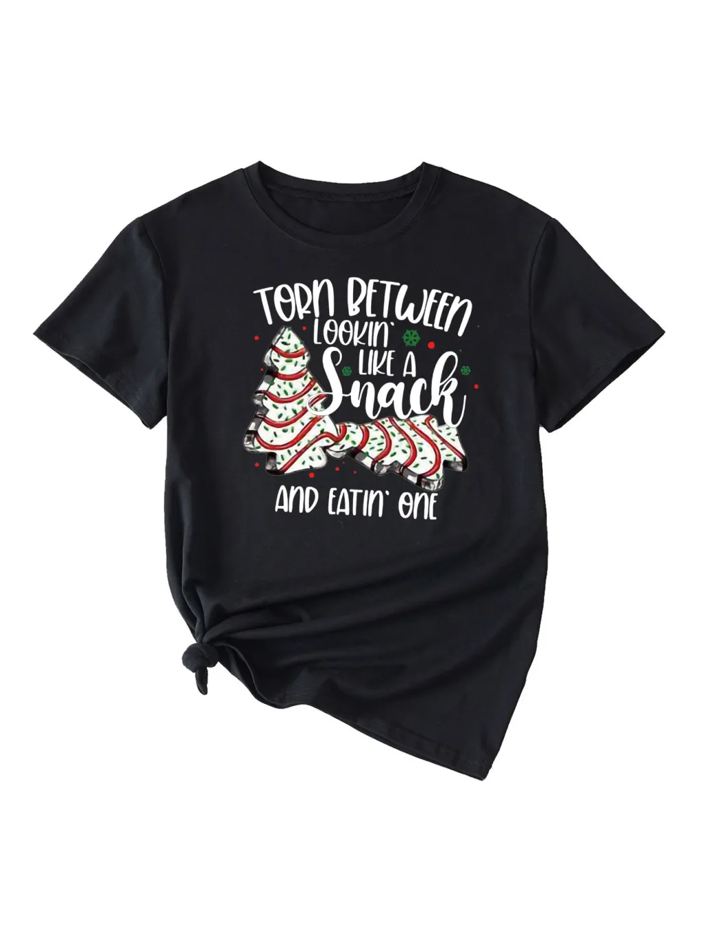 Simple Pattern Printing Ladies Round Neck Short Sleeve Tops - Black Whitecolor