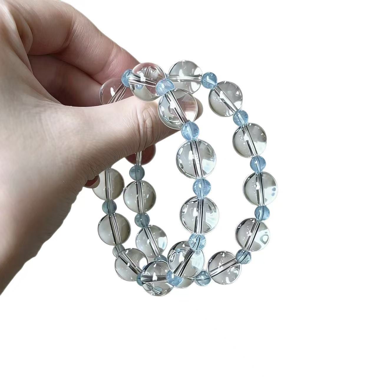Natural Clear Quartz Aquamarine Bracelet Multi Layer Round Beaded Chain Water Element Energy Jewelry For Women