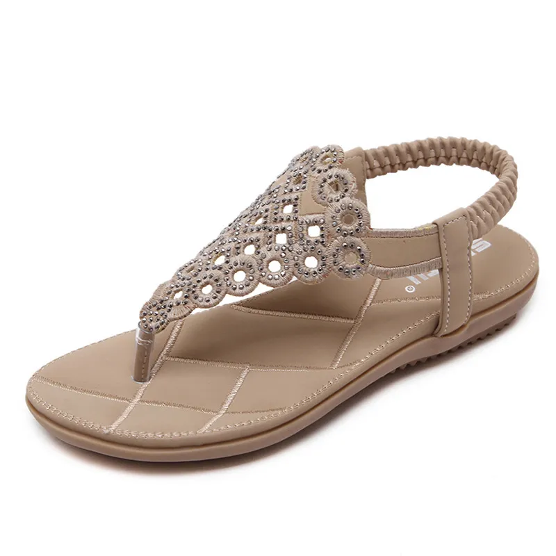 Japanese Sandals Summer Women Embroidered Thread Rhinestone Flat Shoes Large Size Flat Shoes - Apricot